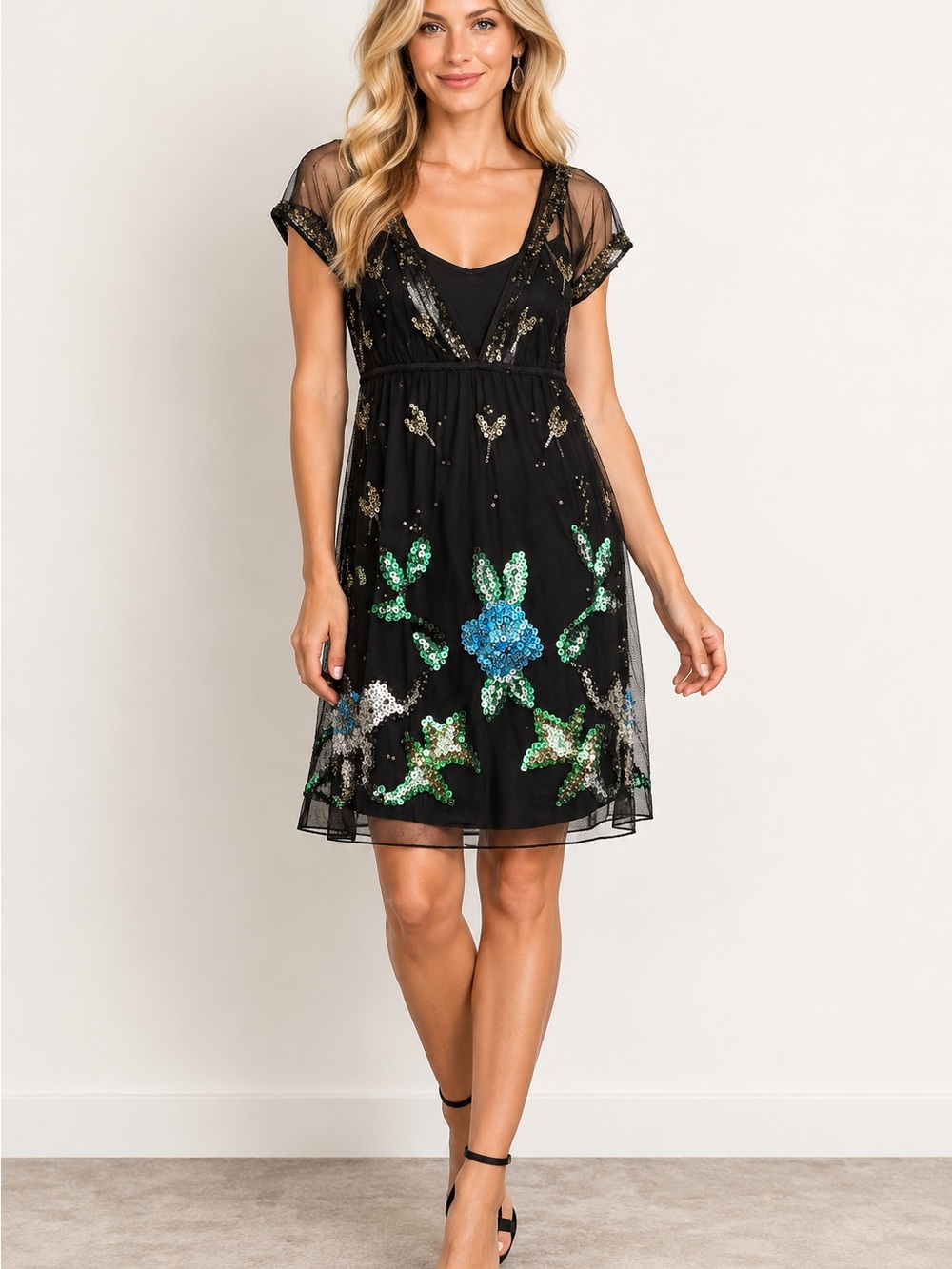 Vintage Free People Mesh Dress Size 8 Black Sequin Embroidered Slip Dress